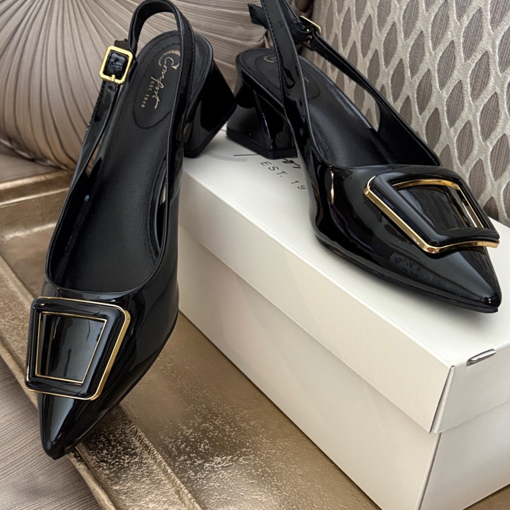 Comfortiva Black Patent Slingback Heels with Gold Buckle
